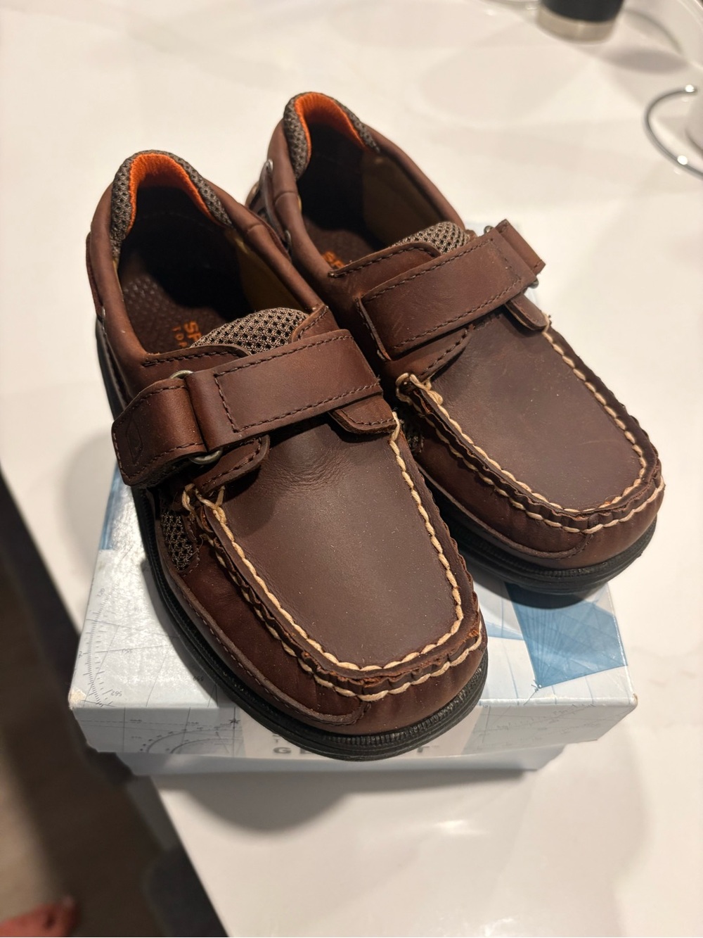 Sperry Brown Kids Moccasin Boat Shoes with Orange Accent